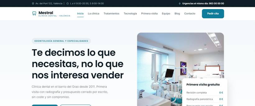 Portada de la web de ejemplo de Mestral, clínica dental