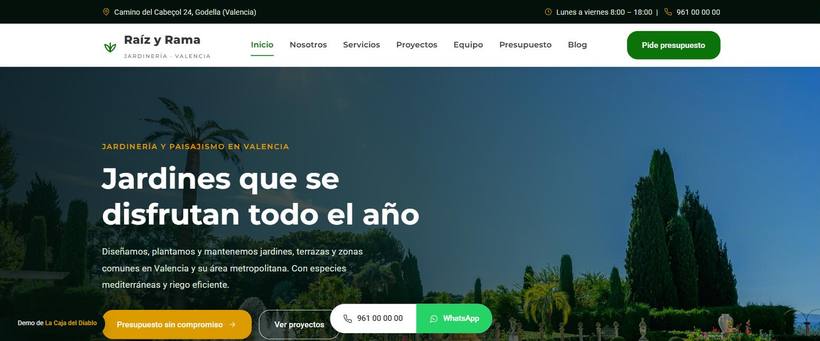 Portada de la web de ejemplo de Raíz y Rama, jardinería y paisajismo
