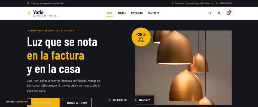 Portada de la web de ejemplo de Vatio, tienda de iluminación