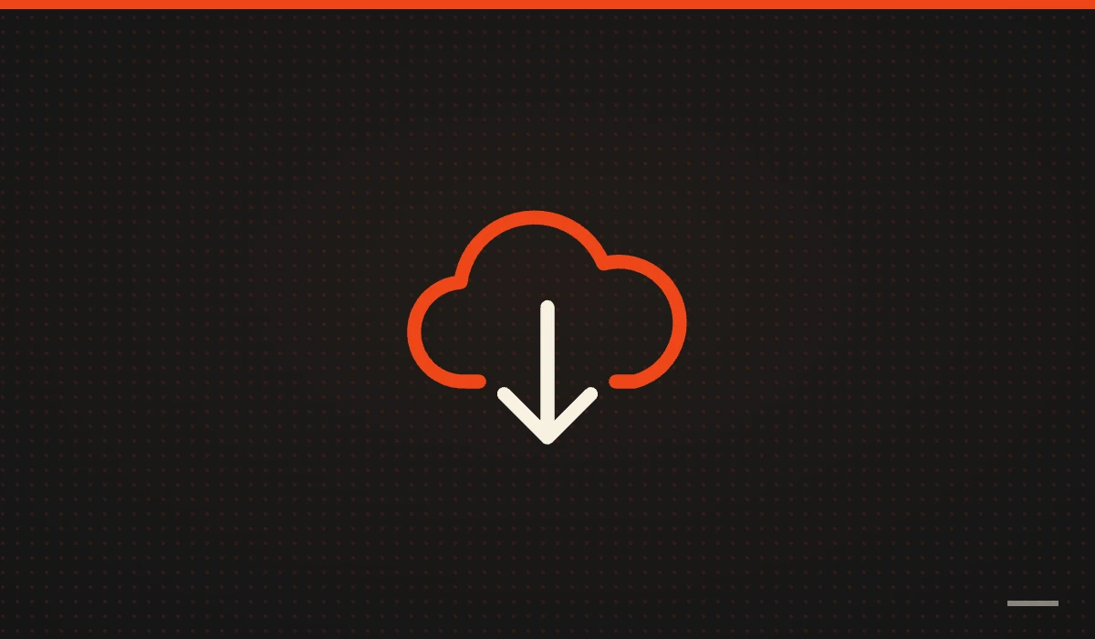 Nube naranja con una flecha crema hacia abajo sobre fondo oscuro con trama de puntos
